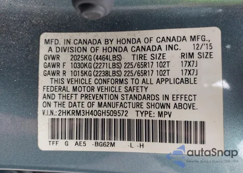 2016 Honda Cr-V Se из США, поврежденный, VIN 2HKRM3H40GH509572